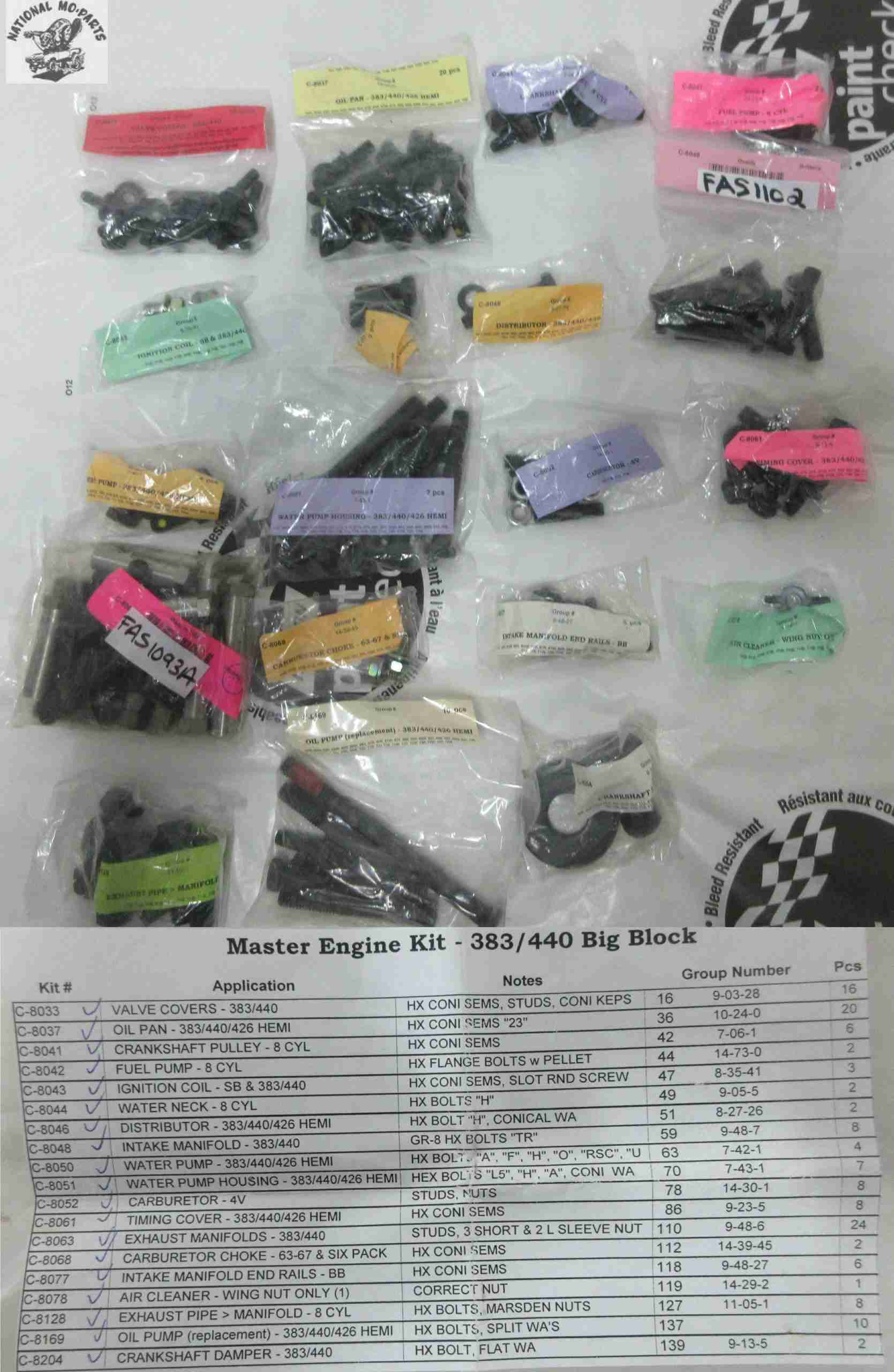 1964-7 383/440 Engine Hardware Kit-Repro