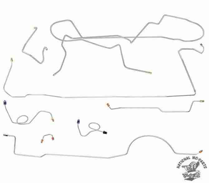 1967 A Body Right Port 1pc F to R Power Drum 8 3/4 Brake Line Kit 7pc, Stainless Steel