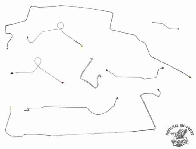 1967 A Body Right Port 2pc F to R Power Disc 8 3/4 Brake Line Kit 8pc, Stainless Steel